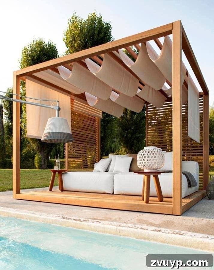 7 Pool Cabana Ideas for Your Backyard Oasis 6 Modern pool cabana featuring a contemporary wood slat wall paired with a crisp white canopy, offering both style and shade.
