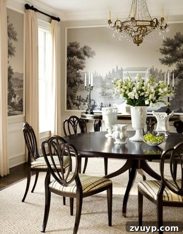 Elevating Our Dining Room: A Modern Classic Refresh 4 Traditional dining room featuring a beautiful scenic mural framed by elegant picture frame molding.