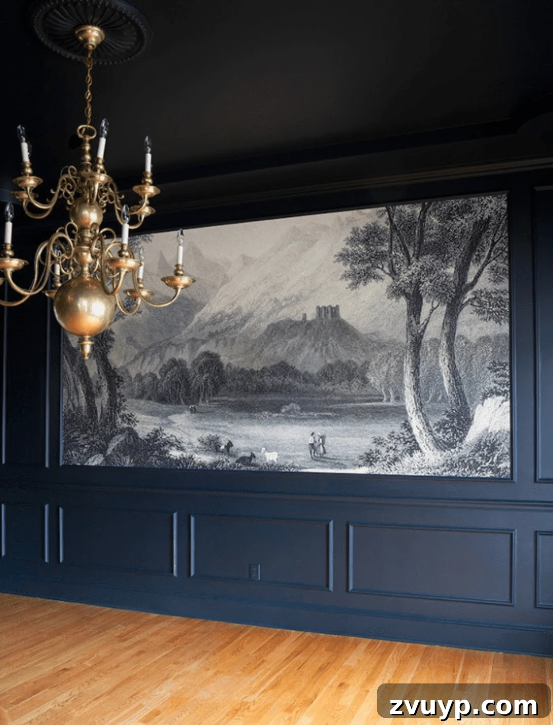 Elevating Our Dining Room: A Modern Classic Refresh 5 Moody dining room with navy picture frame molding and an elegant scenic wall mural.