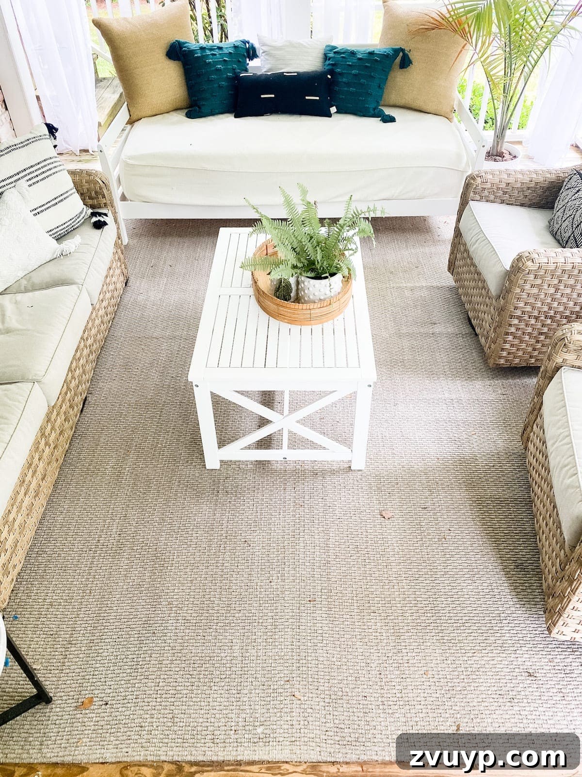 Craft a Custom Floral Outdoor Rug with a Cricut Stencil 2 Plain outdoor rug before the DIY floral block stenciling project