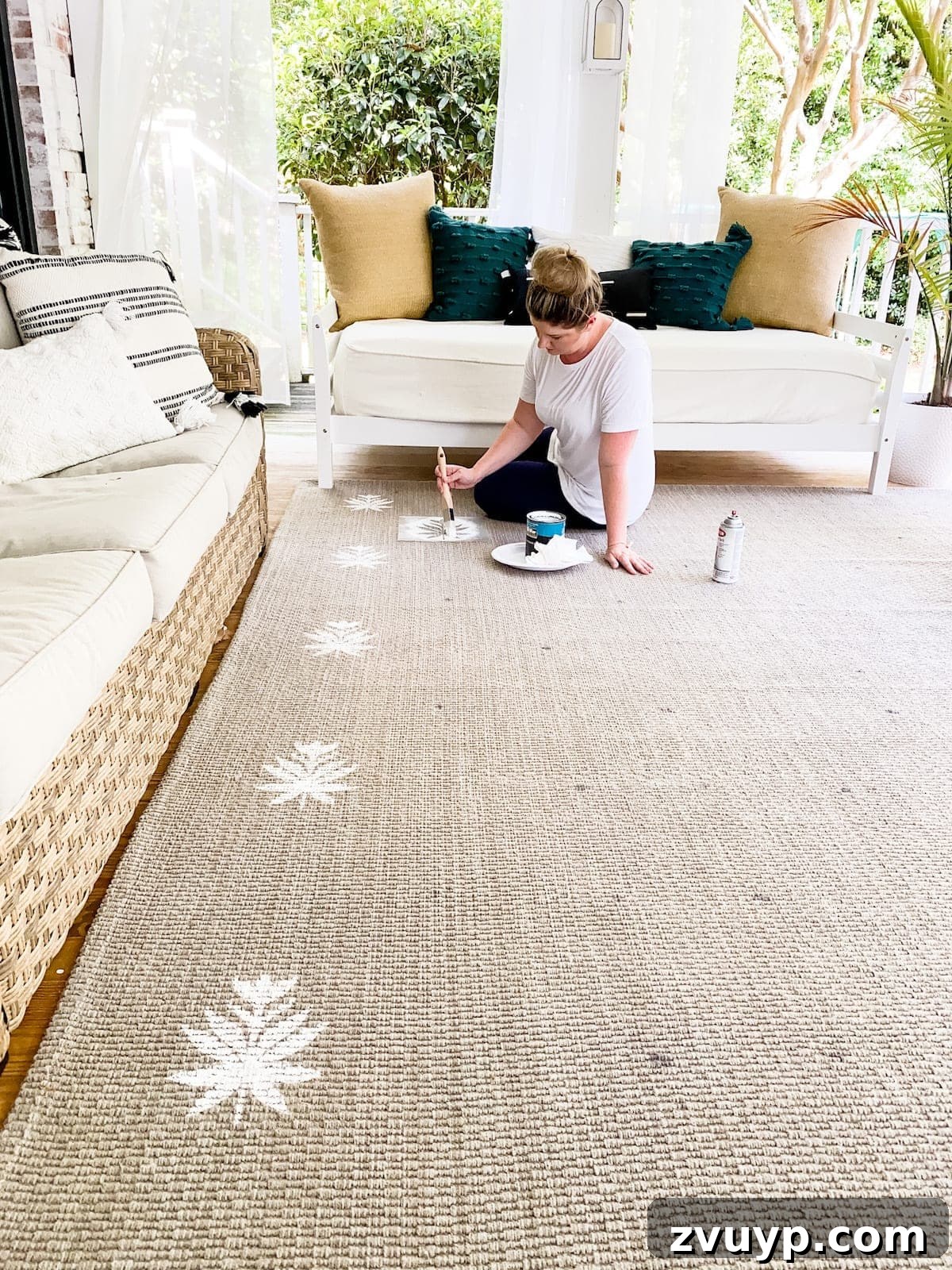 Craft a Custom Floral Outdoor Rug with a Cricut Stencil 21 Close-up of the stenciled floral block pattern taking shape on the outdoor rug