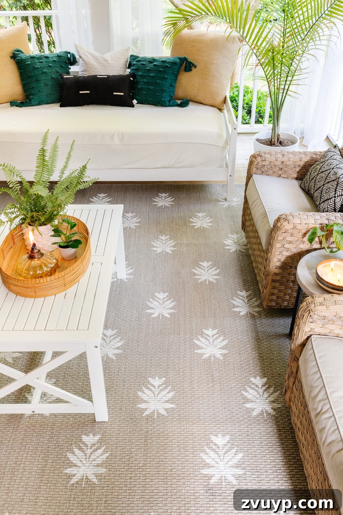 Craft a Custom Floral Outdoor Rug with a Cricut Stencil 23 Overhead view showcasing the custom stenciled outdoor rug with its floral block pattern