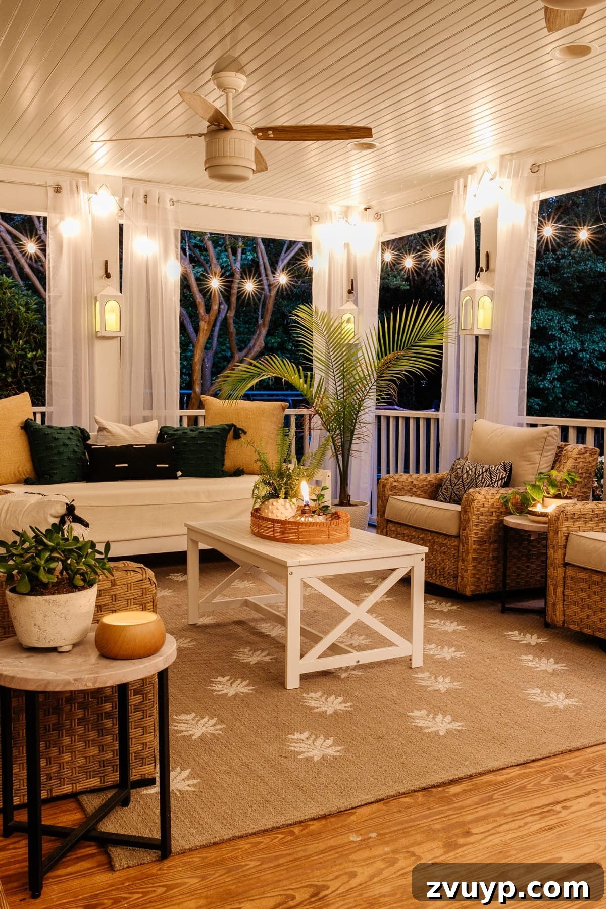 Craft a Custom Floral Outdoor Rug with a Cricut Stencil 27 Back porch at night adorned with twinkle lights, candles, and the stunning custom floral block DIY outdoor rug