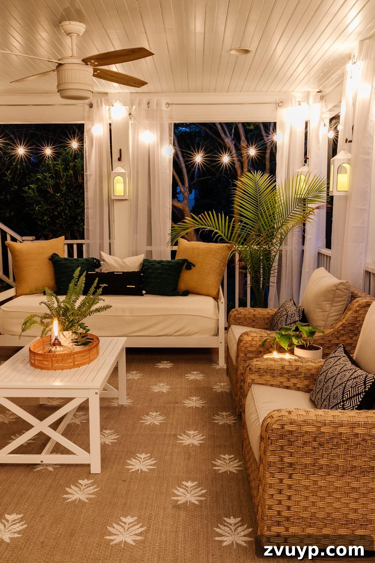 Craft a Custom Floral Outdoor Rug with a Cricut Stencil 28 Evening ambiance on the back porch with enchanting twinkle lights and glowing candles, highlighting the outdoor space
