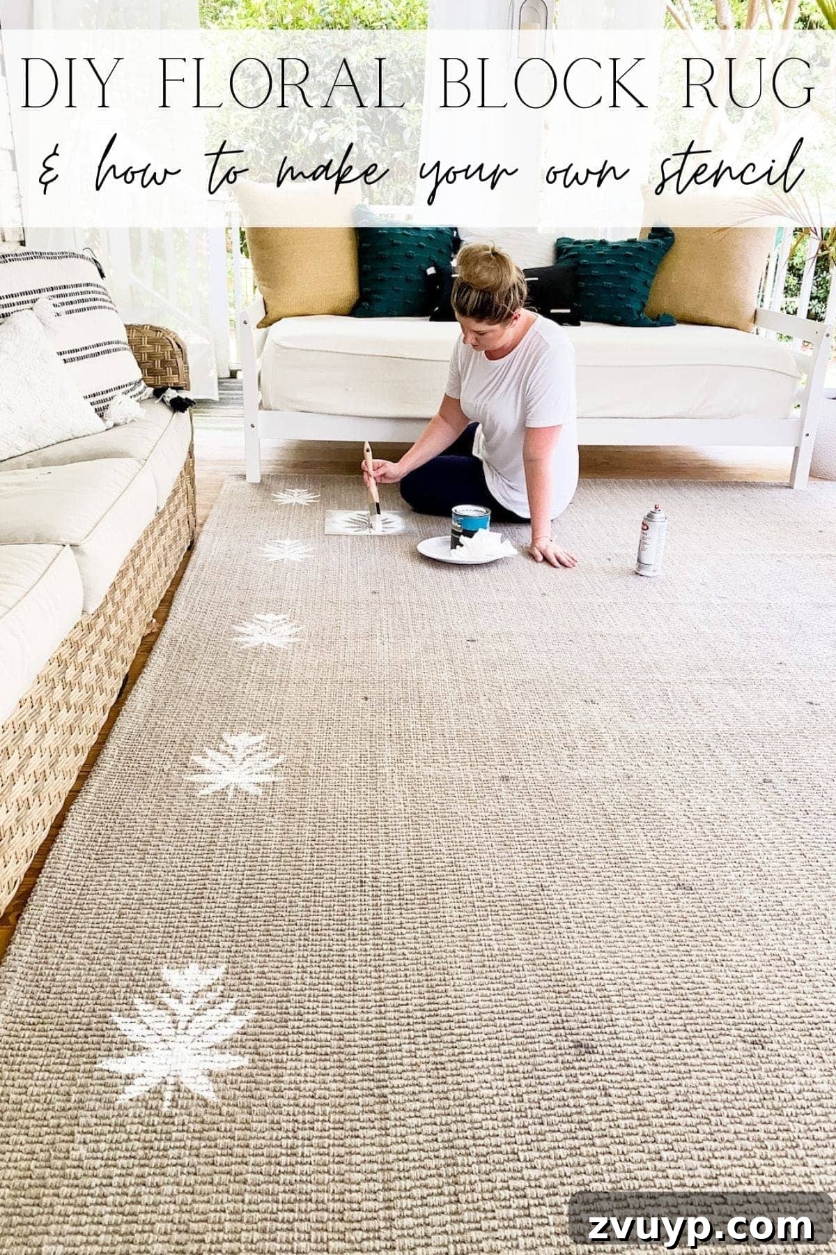 Craft a Custom Floral Outdoor Rug with a Cricut Stencil 29 Pinterest pin for DIY floral block outdoor rug inspiration