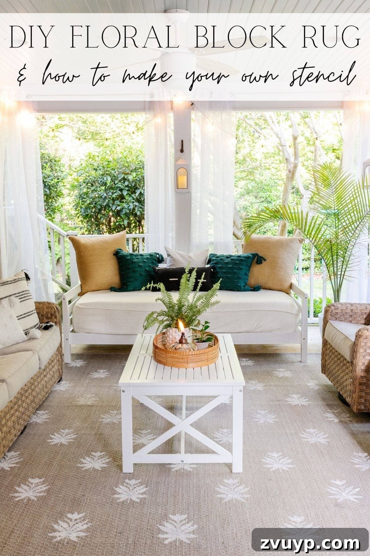 Craft a Custom Floral Outdoor Rug with a Cricut Stencil 30 Pinterest pin with step-by-step tutorial for DIY floral block rug and Cricut stencil making