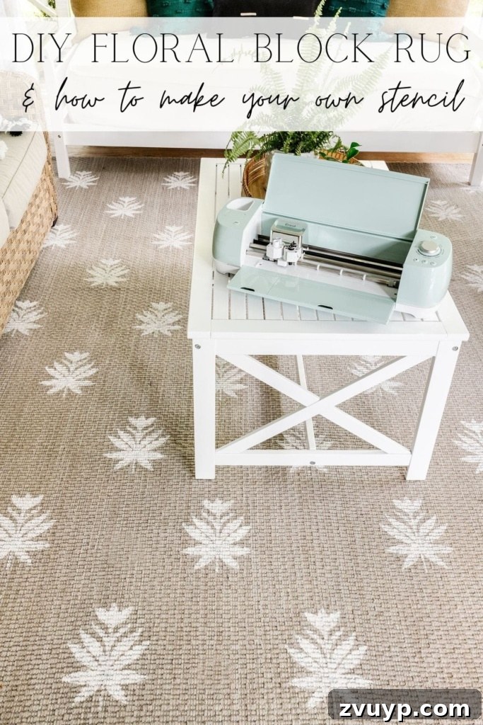 Craft a Custom Floral Outdoor Rug with a Cricut Stencil 31 Pinterest pin showcasing the floral block DIY rug and how to make your own stencil with Cricut