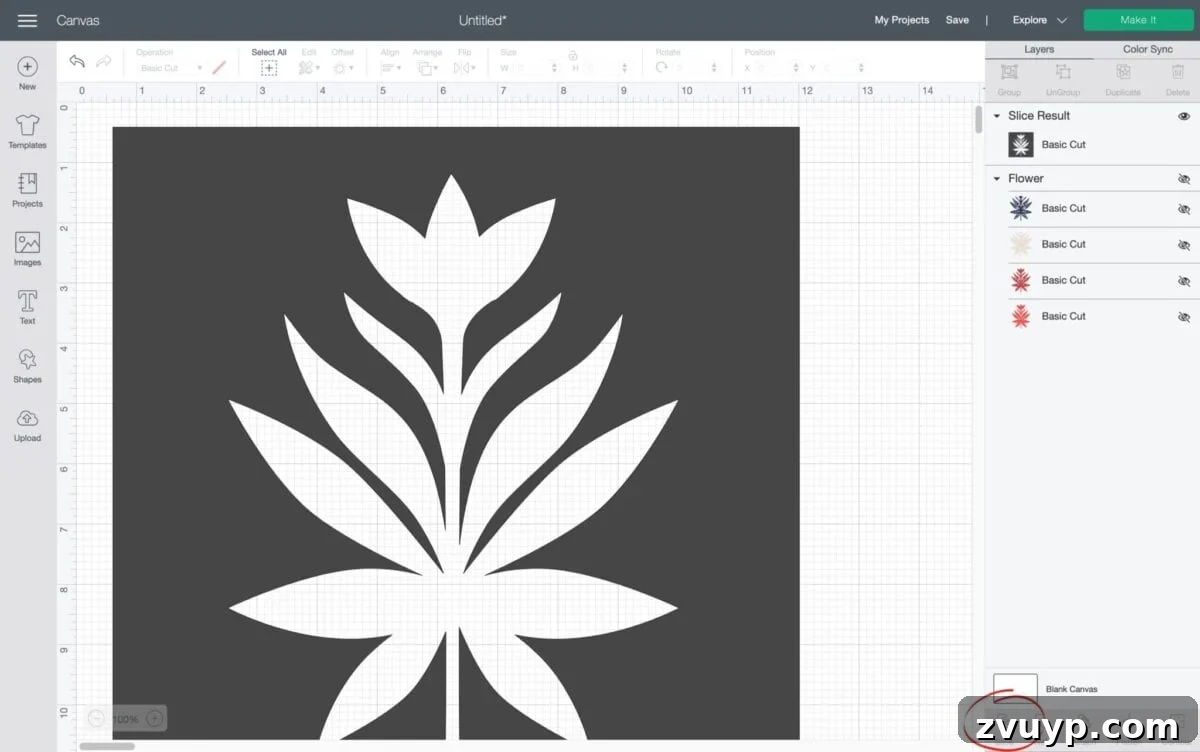 Craft a Custom Floral Outdoor Rug with a Cricut Stencil 9 Cricut Design Space showing the use of the Slice tool to create the stencil cut-out