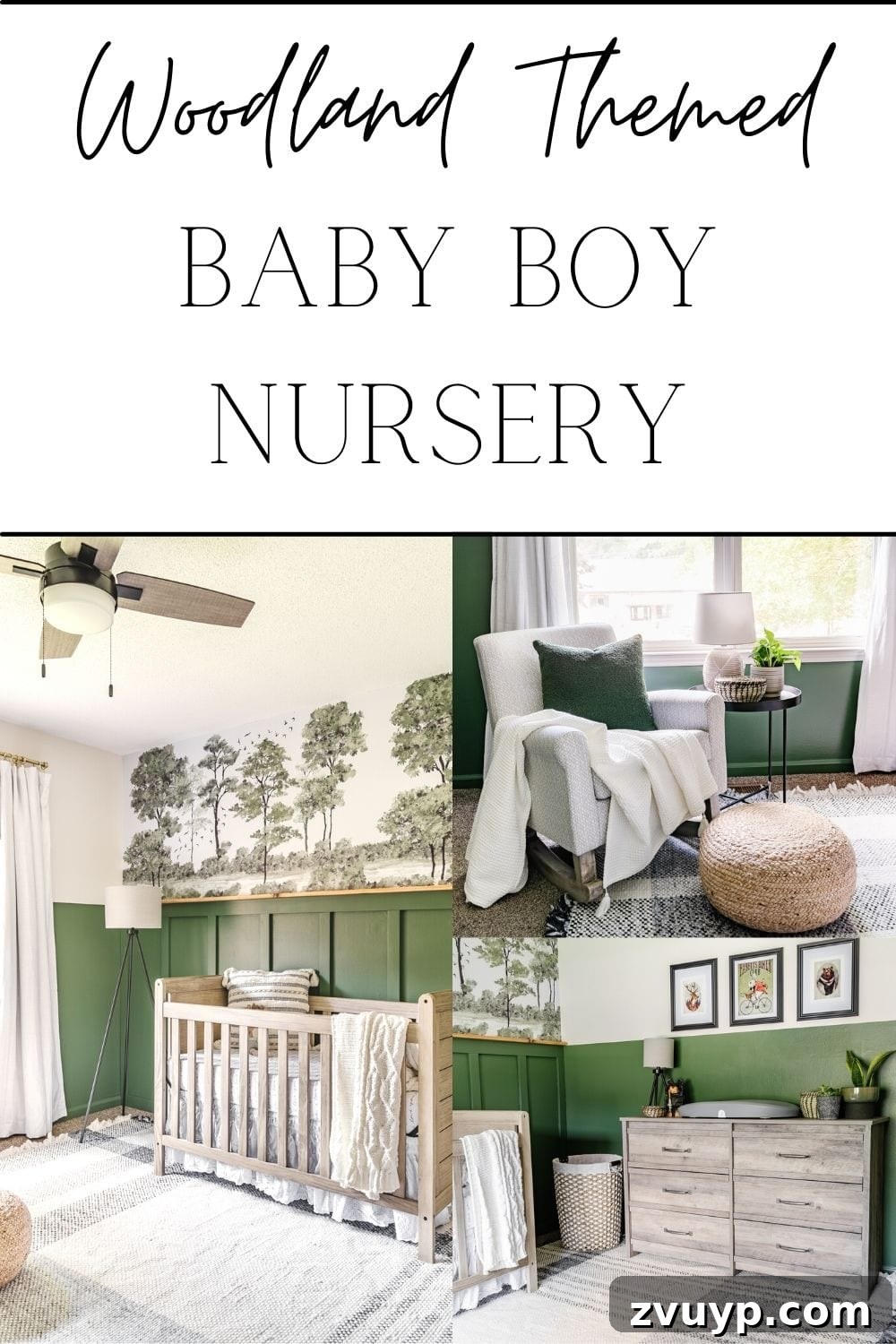 Little Explorer's Woodland Nursery Transformation 18 A final full view of the woodland themed baby boy nursery, showcasing green paint, forest wall mural, and plaid accents.