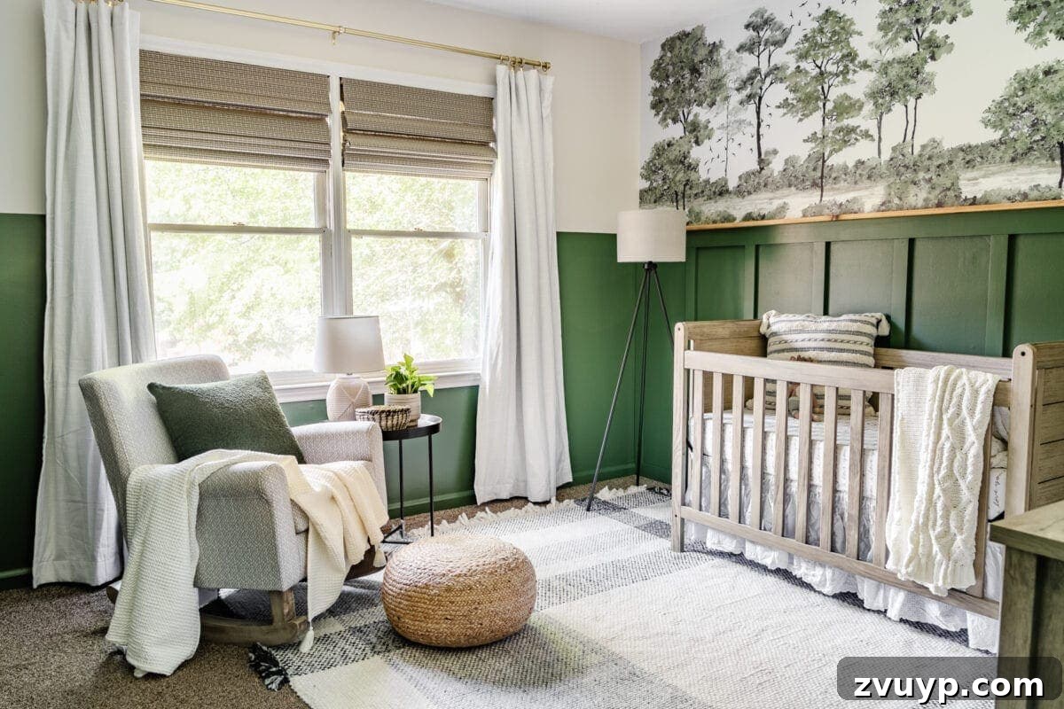 Little Explorer's Woodland Nursery Transformation 3 A beautifully decorated green nursery featuring woodland decor, cozy lighting, and a watercolor wall mural for a baby boy.