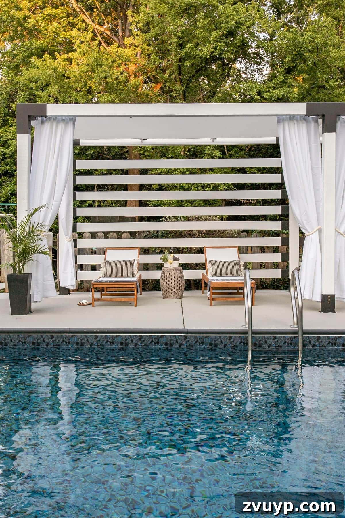 Build Your Own Backyard Oasis: A DIY Luxury Pool Cabana Pergola 16 backyard pergola poolside cabana with white outdoor curtains, a welcoming retreat