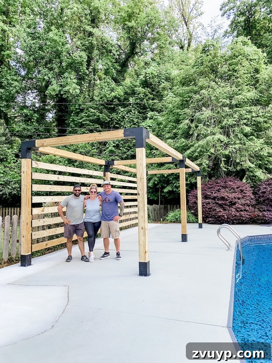 Build Your Own Backyard Oasis: A DIY Luxury Pool Cabana Pergola 4 newly assembled wood diy cabana using a Toja Grid pergola kit, ready for styling