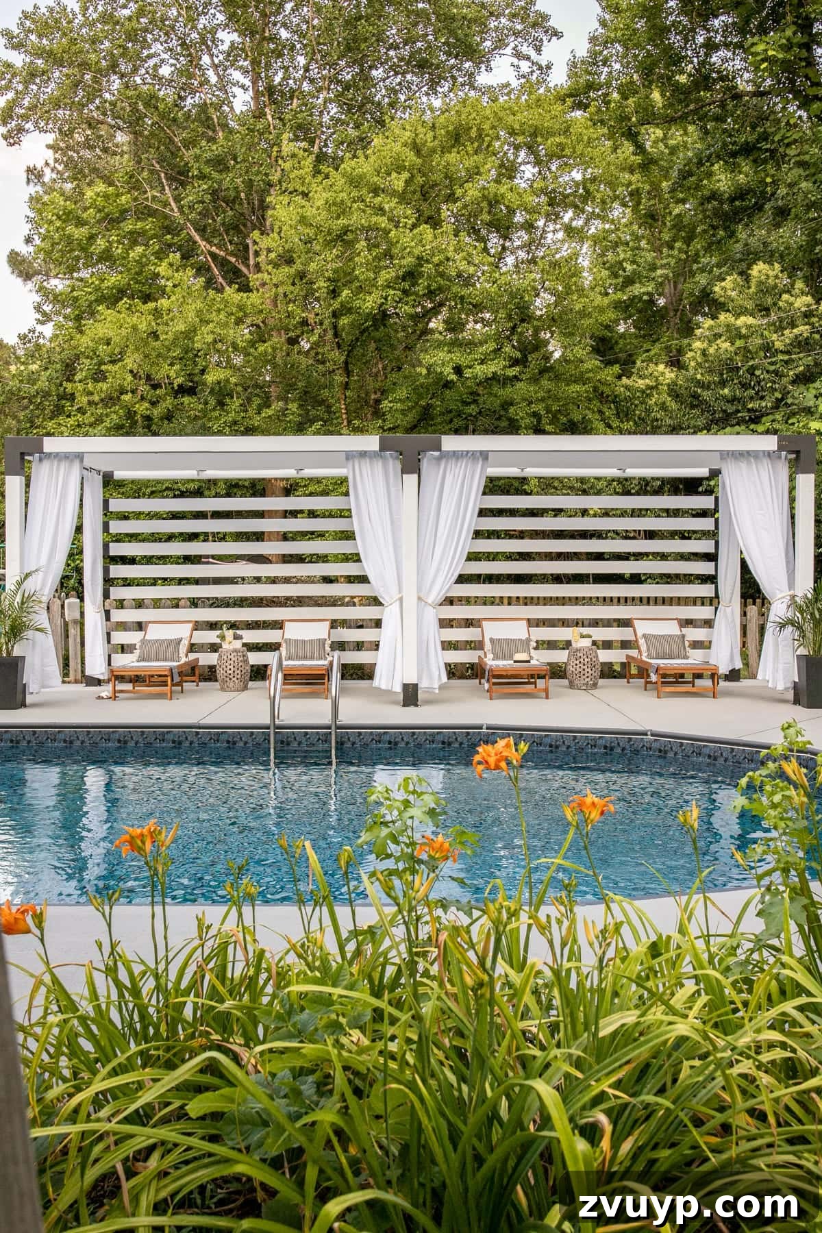Build Your Own Backyard Oasis: A DIY Luxury Pool Cabana Pergola 6 DIY cabana beside a backyard pool, showcasing a tranquil spot for relaxation