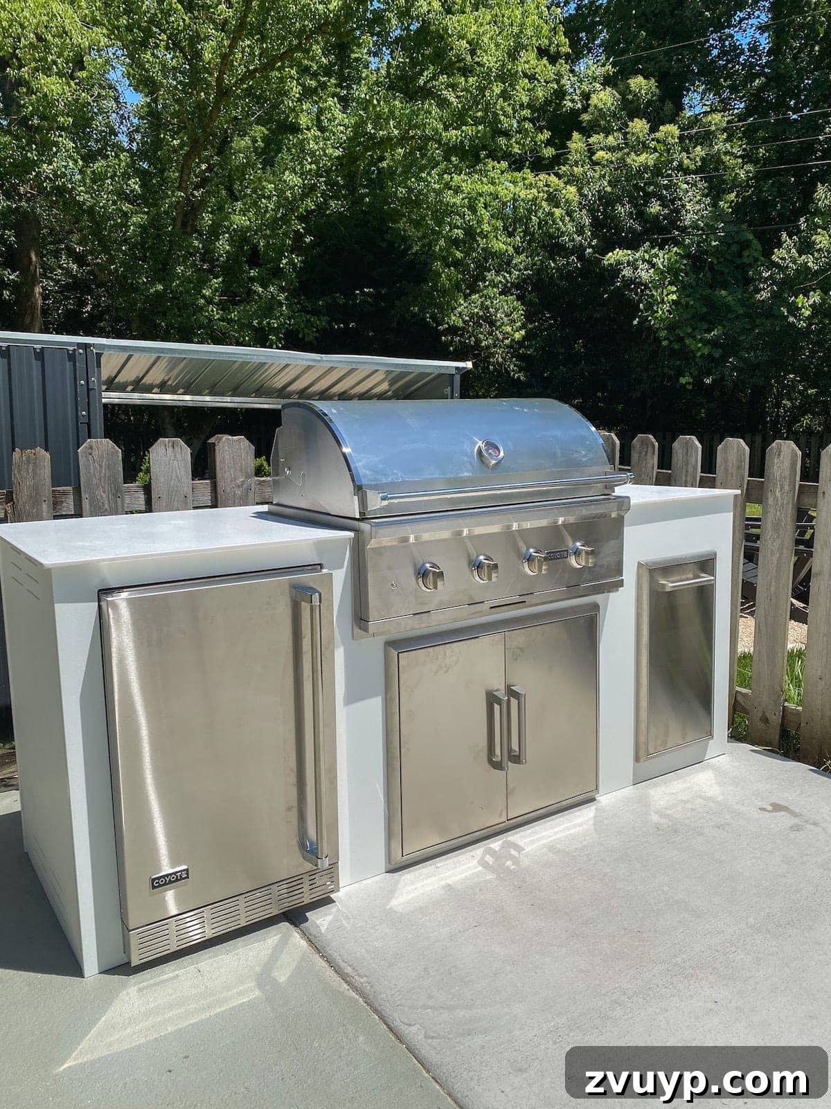 Effortless DIY Outdoor Kitchen Kit Build: Essential Tips 11 Attaching a sleek Corian countertop to the modular outdoor kitchen, showing the notches for easy, precise installation.