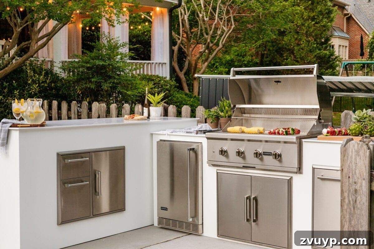 Effortless DIY Outdoor Kitchen Kit Build: Essential Tips 13 The stunning finished white modular outdoor kitchen from RTA Outdoor Living, ready for entertaining in the backyard.