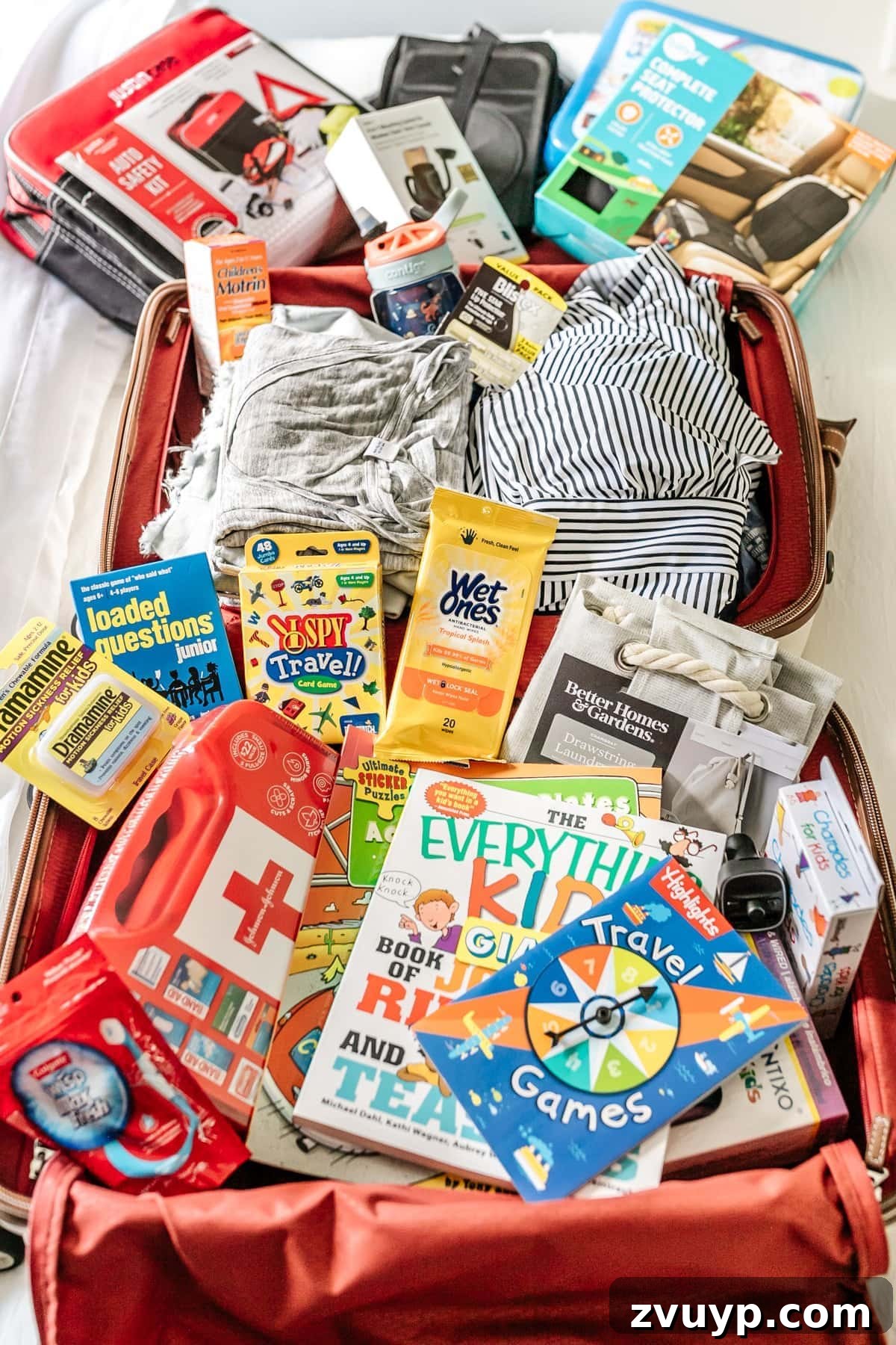 Road Trip Ready: Your Printable Essentials and Packing Checklist 3 suitcase packed with various travel essentials including games, first aid kit, wet wipes, and car organizers