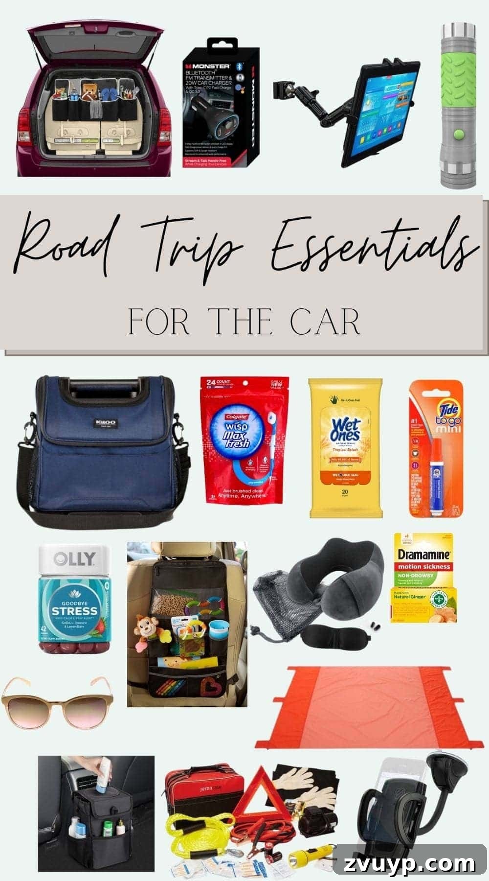 Road Trip Ready: Your Printable Essentials and Packing Checklist 4 Road trip essentials for the car, including organizers, safety kit, and cleaning supplies