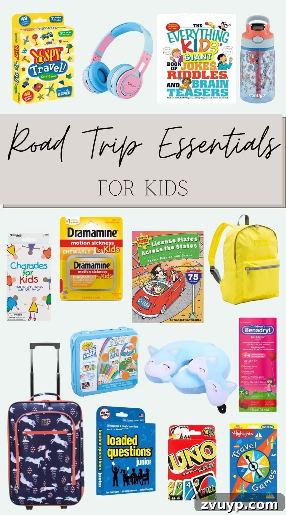Road Trip Ready: Your Printable Essentials and Packing Checklist 5 road trip essentials for kids, including games, activity books, and comfort items
