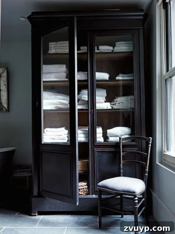 black linen cabinet with wood interior
