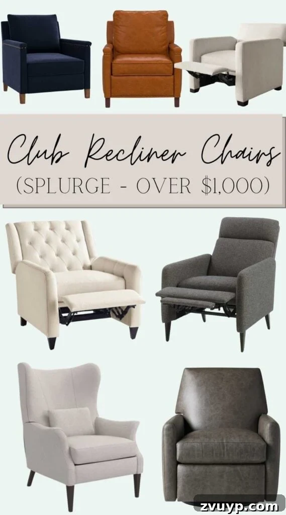 Elevate Your Space: Modern Recliners with Designer Appeal 2 Modern club style recliner chairs priced over $1,000, showcasing luxurious design and premium materials.