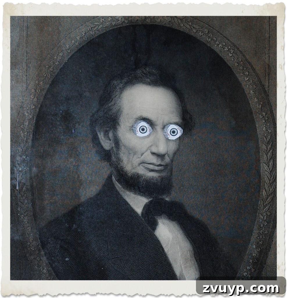 Haunting Eyes Halloween Wall Art 9 Close up of Abe Lincoln Print with Spooky Eyes - Detailed Halloween Craft