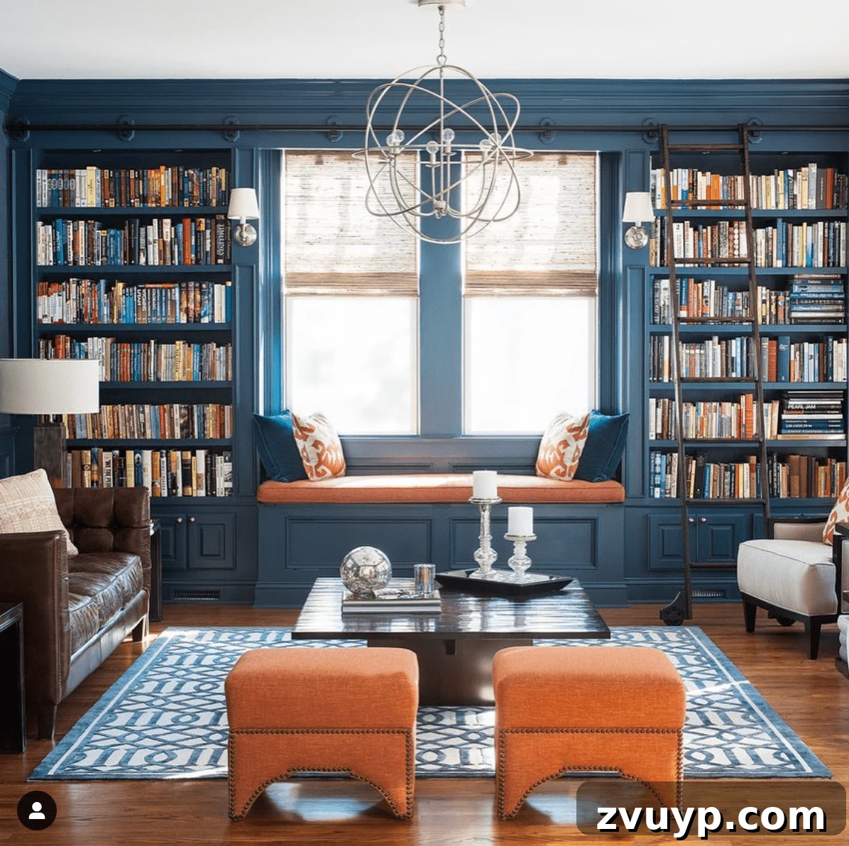 Designer Approved Shades of Navy Blue 9 Benjamin Moore Newportbury Blue - Cory Connor Designs - dark blue paint in a study