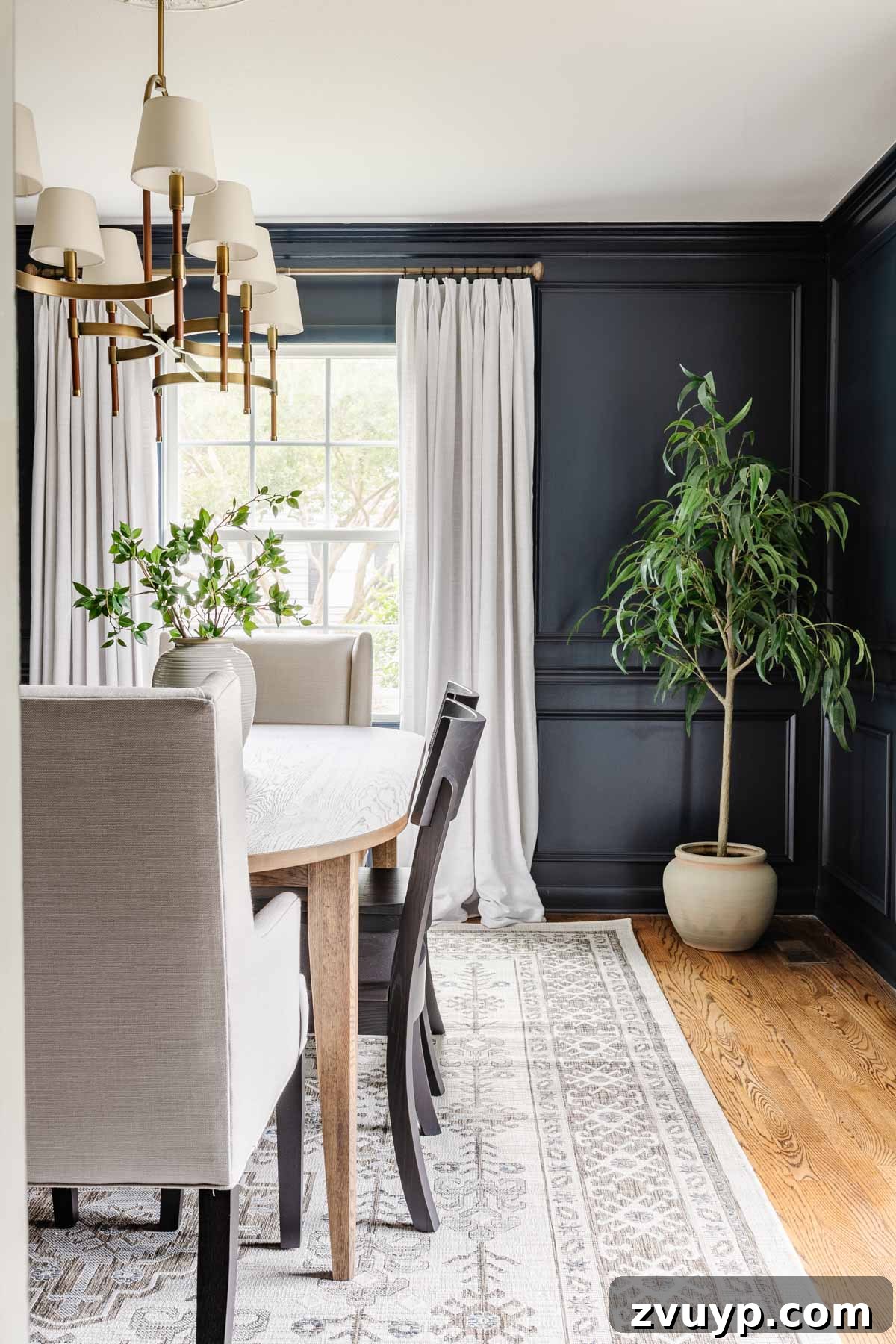Bassett BenchMade Classic Modern Dining Refined 15 Inviting classic modern dining room with mid-century modern dining table, navy walls, and linen curtains
