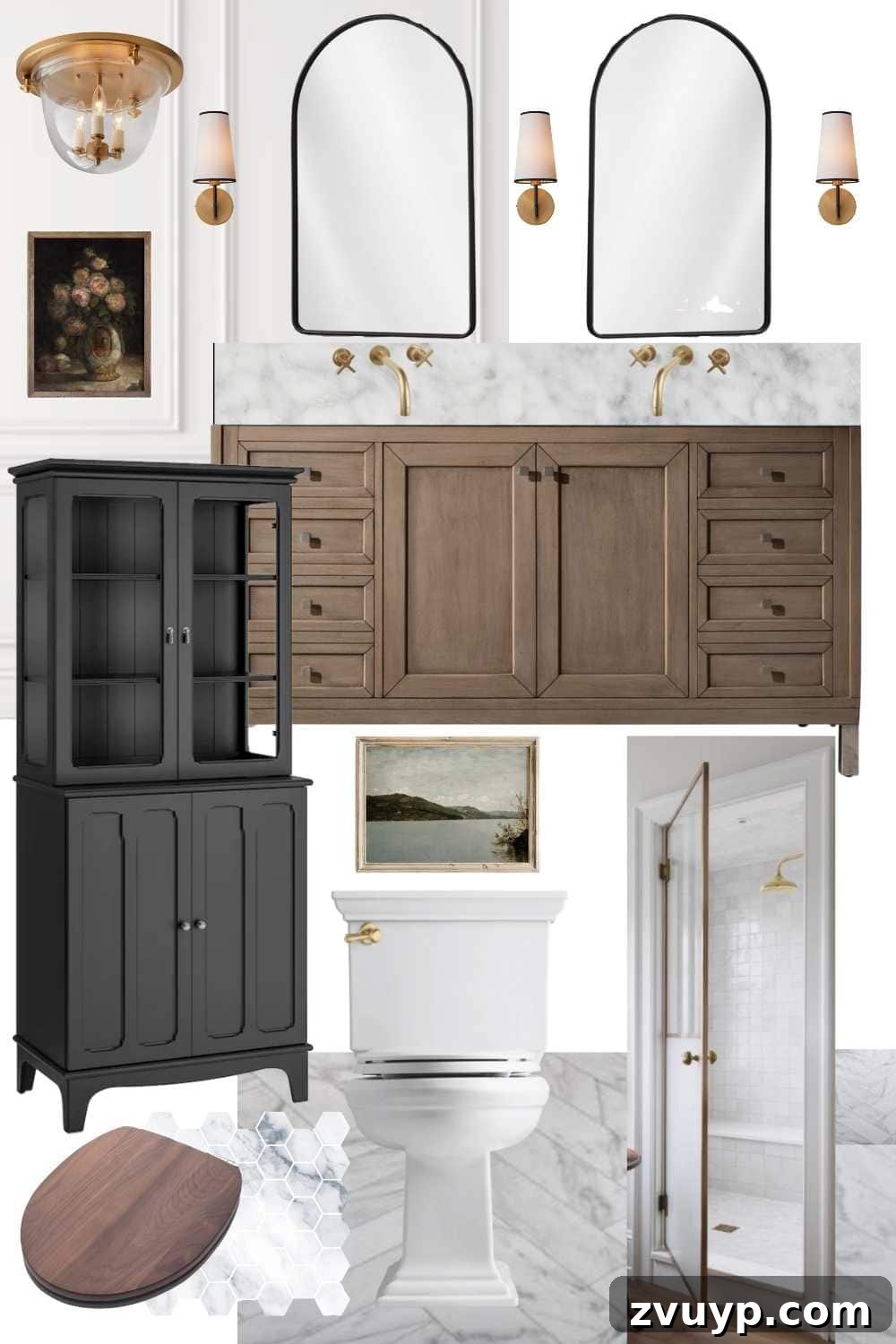 Our Timeless Bathroom Design Blueprint 6 Mood board for classic bathroom design featuring marble, wood, and brass elements.