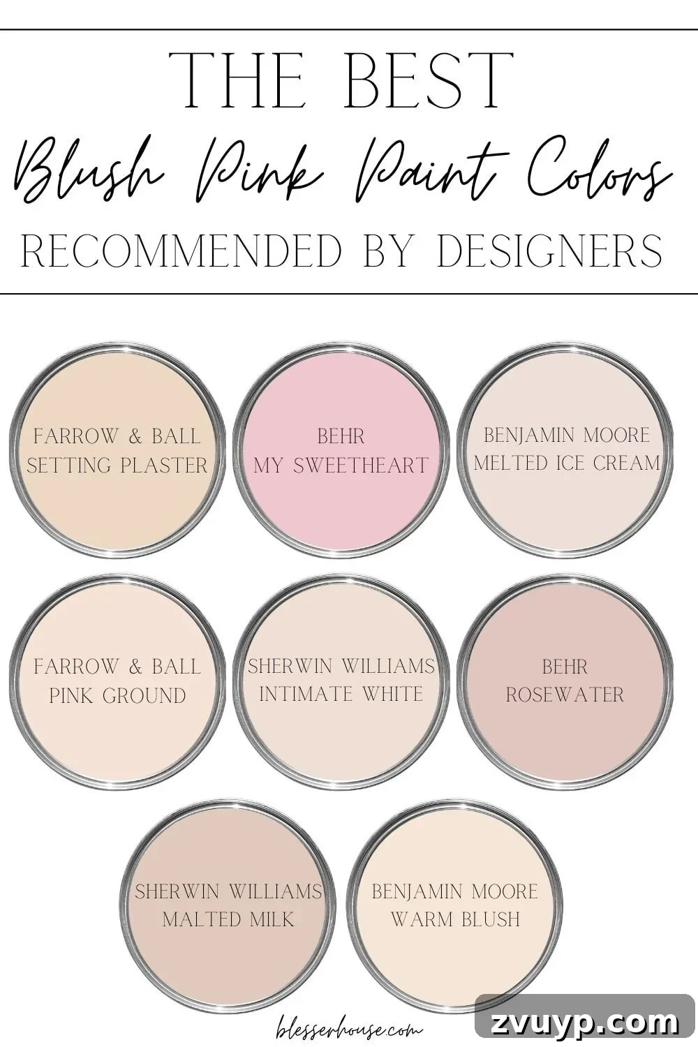 Collection of blush paint colors on swatches, showcasing different undertones and shades of pink.