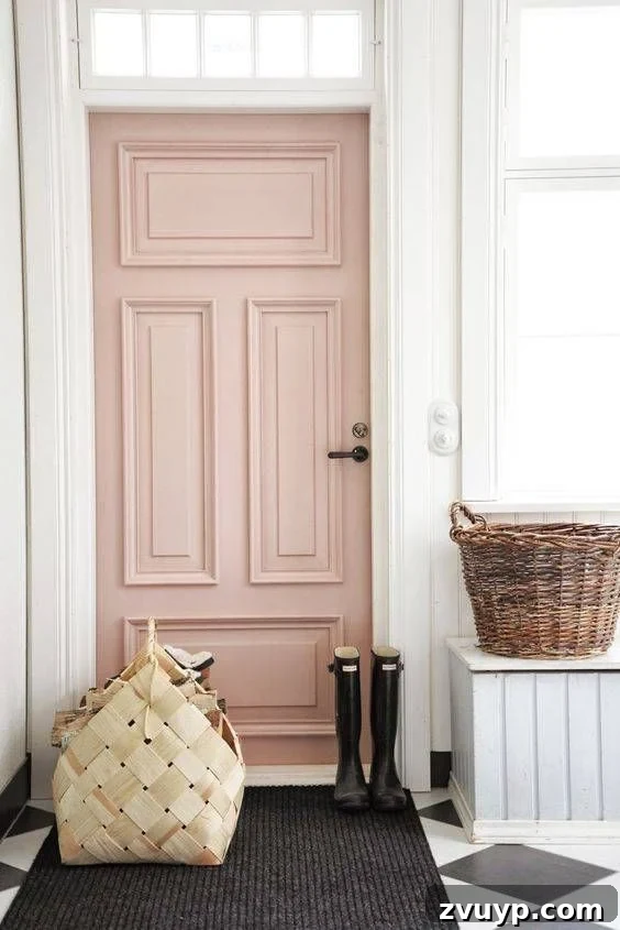 Farrow and Ball Pink Ground - pink paint on a classic front door, making a bold yet elegant statement.