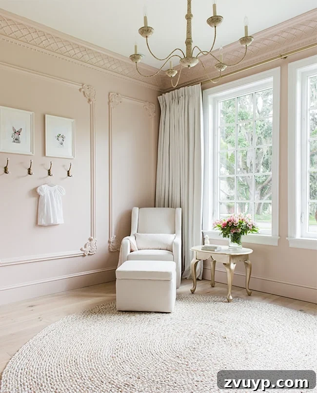 Sherwin Williams Malted Milk - blush pink paint in a nursery, creating a warm and comforting atmosphere for a baby.