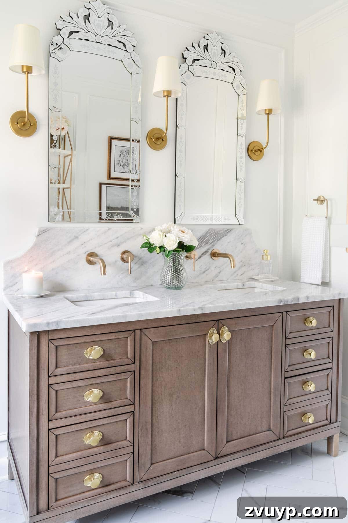 Elevate Your Space: Stylish Wood Vanities for Every Budget 2 Classic wood vanity in a primary bathroom with double sinks