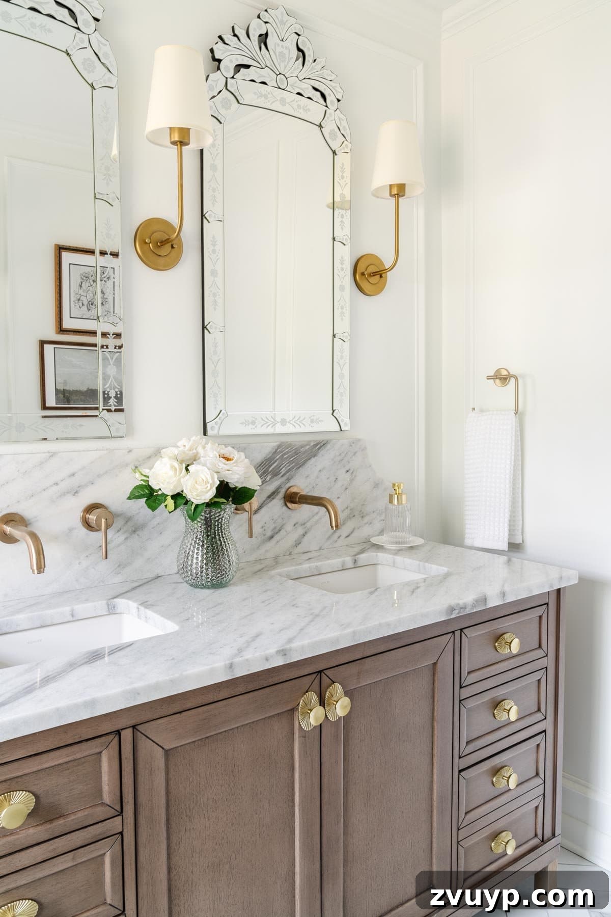 Elevate Your Space: Stylish Wood Vanities for Every Budget 3 Beautiful wood vanity with elegant detailing in a primary bathroom
