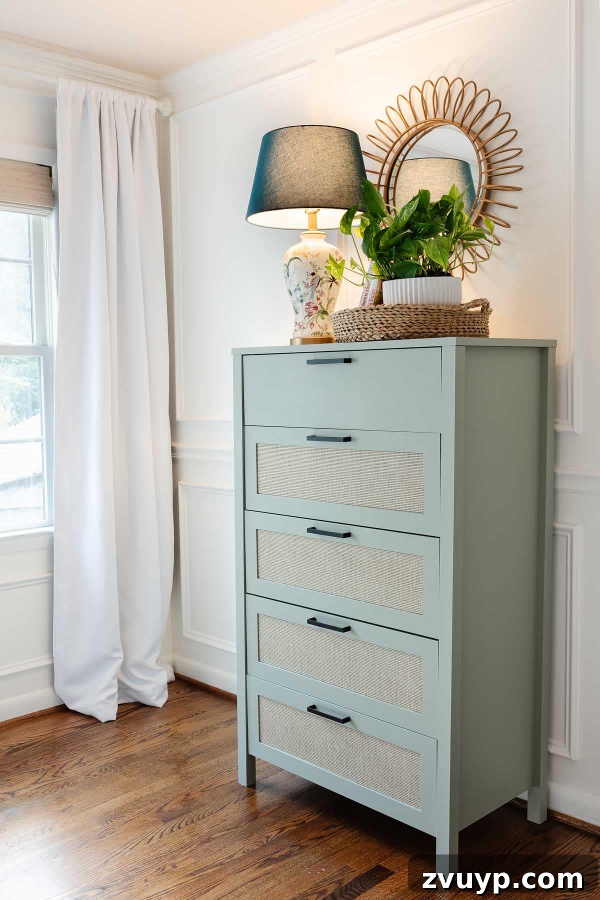 Regan's Room Transformation Painting Laminate Furniture 2 Vibrantly painted green dresser in a whimsical little girl's room, demonstrating a successful laminate furniture makeover.