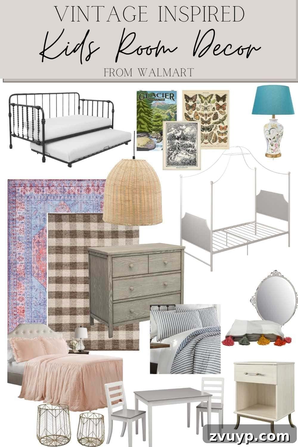 Regan's Room Transformation Painting Laminate Furniture 14 Collage of vintage-inspired kids' room decor from Walmart, showcasing charming and affordable furniture and accessories.
