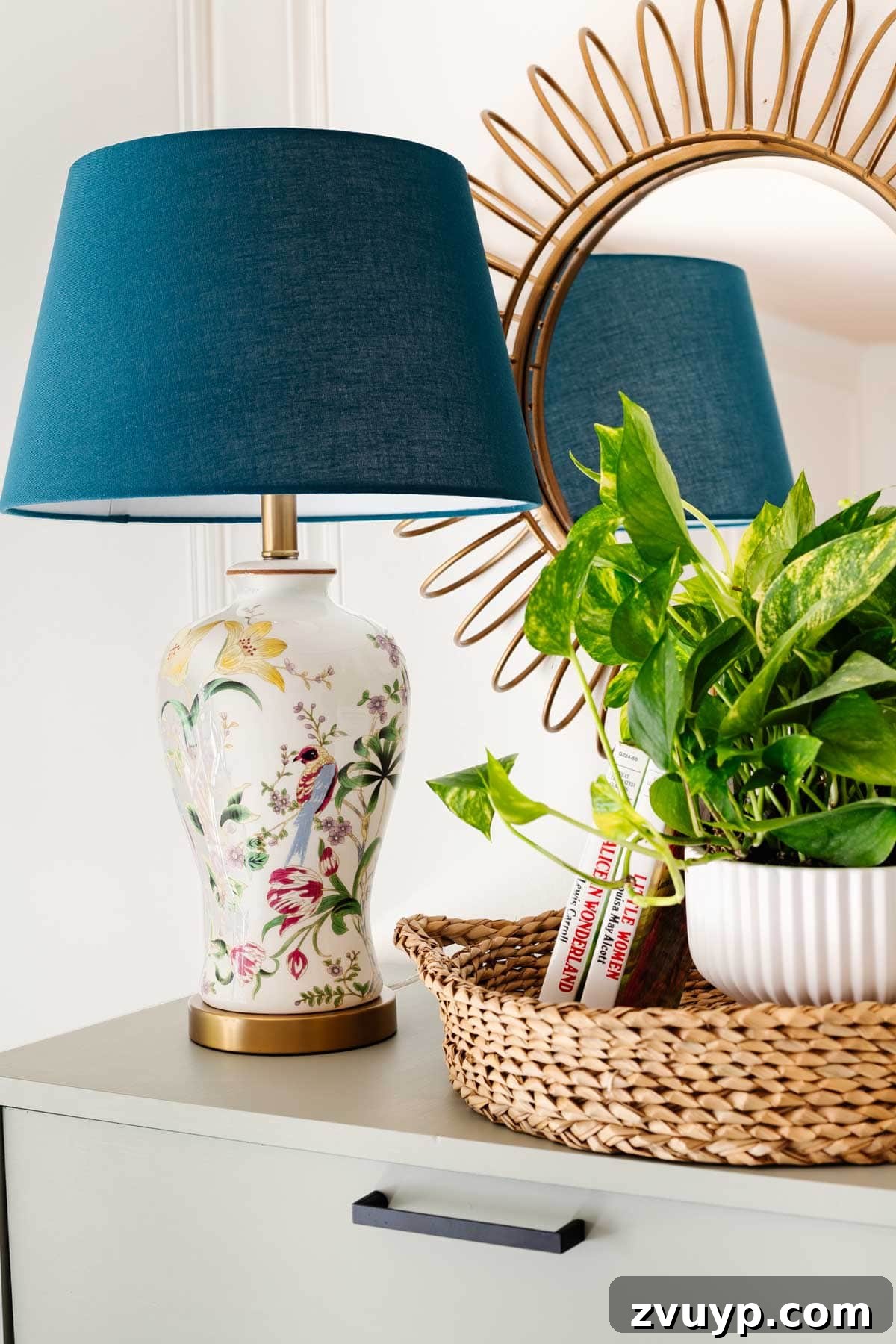 Regan's Room Transformation Painting Laminate Furniture 10 Elegant chinoiserie-inspired floral lamp on a dresser, blending seamlessly with the room's sophisticated and whimsical decor.