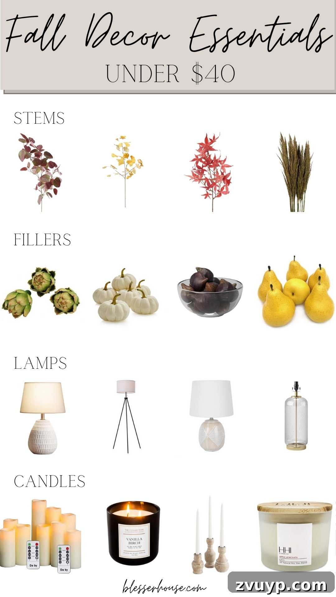 Top Fall Decor Picks Under 40 Dollars 5 Fall Home Decor Under $40 - stems, fillers, lamps, and candles
