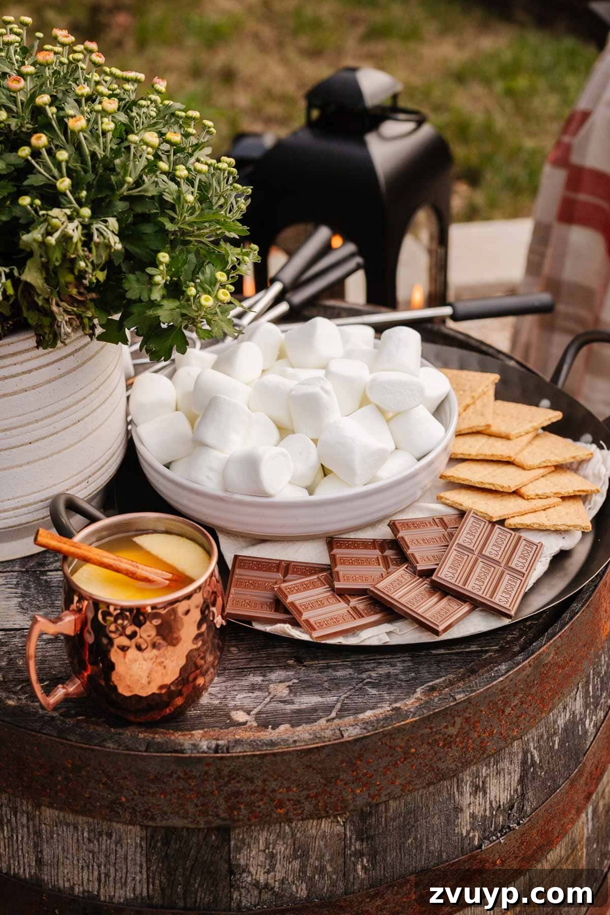 Create an Epic Backyard Movie Night Without Breaking the Bank 19 s'mores tray with chocolate, graham crackers, and marshmallows around a fire pit