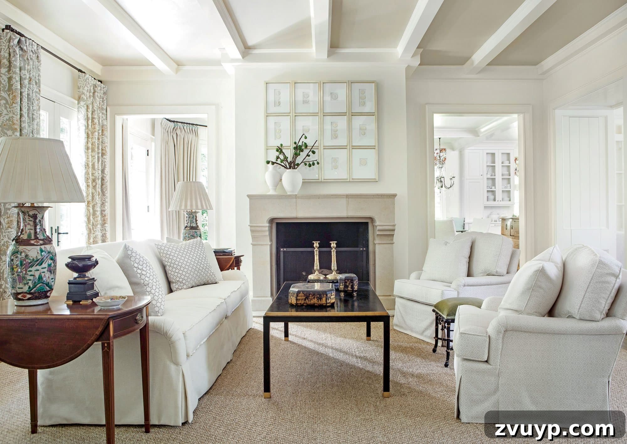 The Off White Paints Designers Swear By 8 Benjamin Moore Linen White paint color in a living room with warm accents