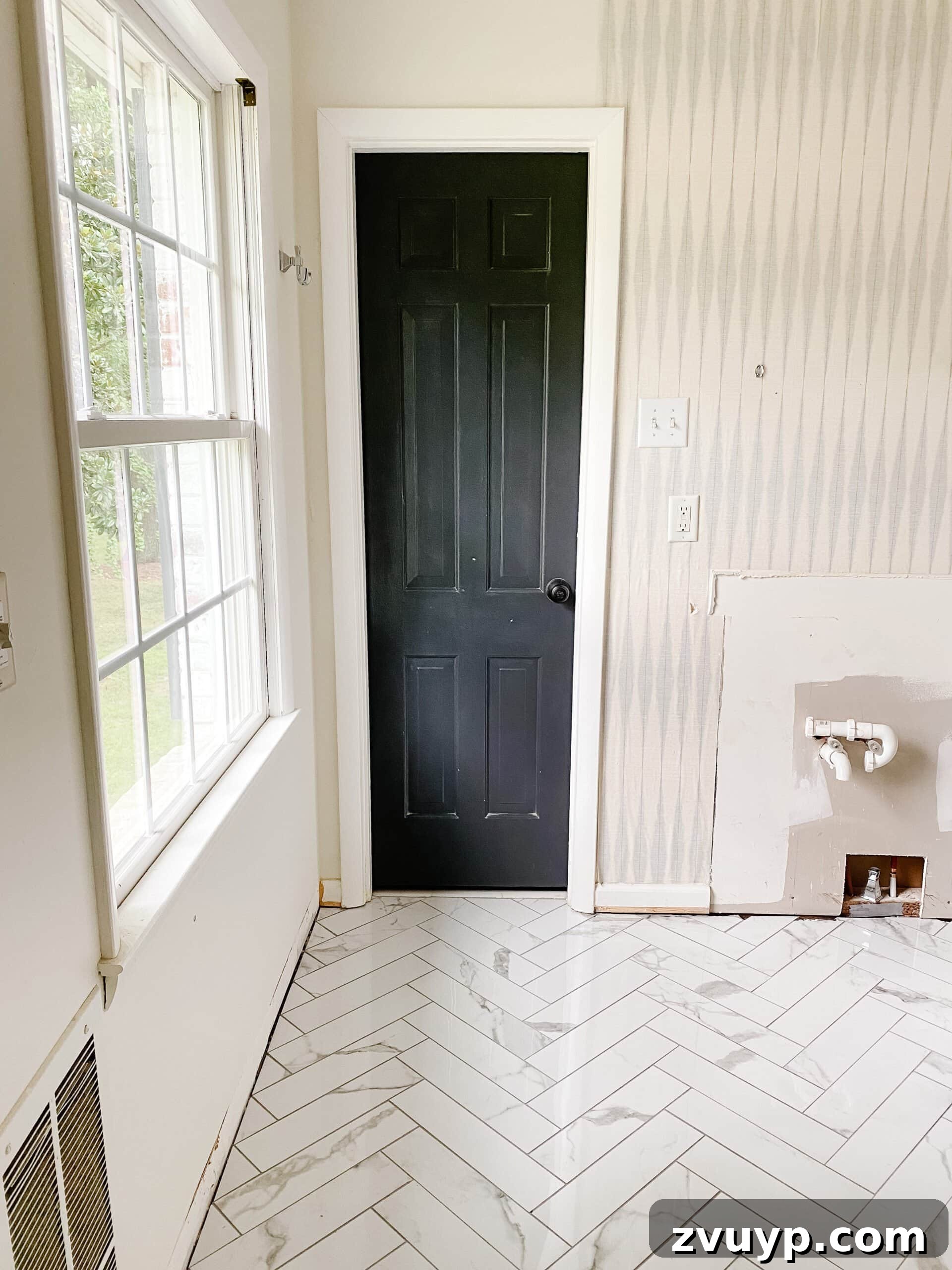 Faux Marble Herringbone: Our Shower Transformation Unfolds 13 Final detailed view of the luxurious faux marble herringbone tile floor in the renovated bathroom.