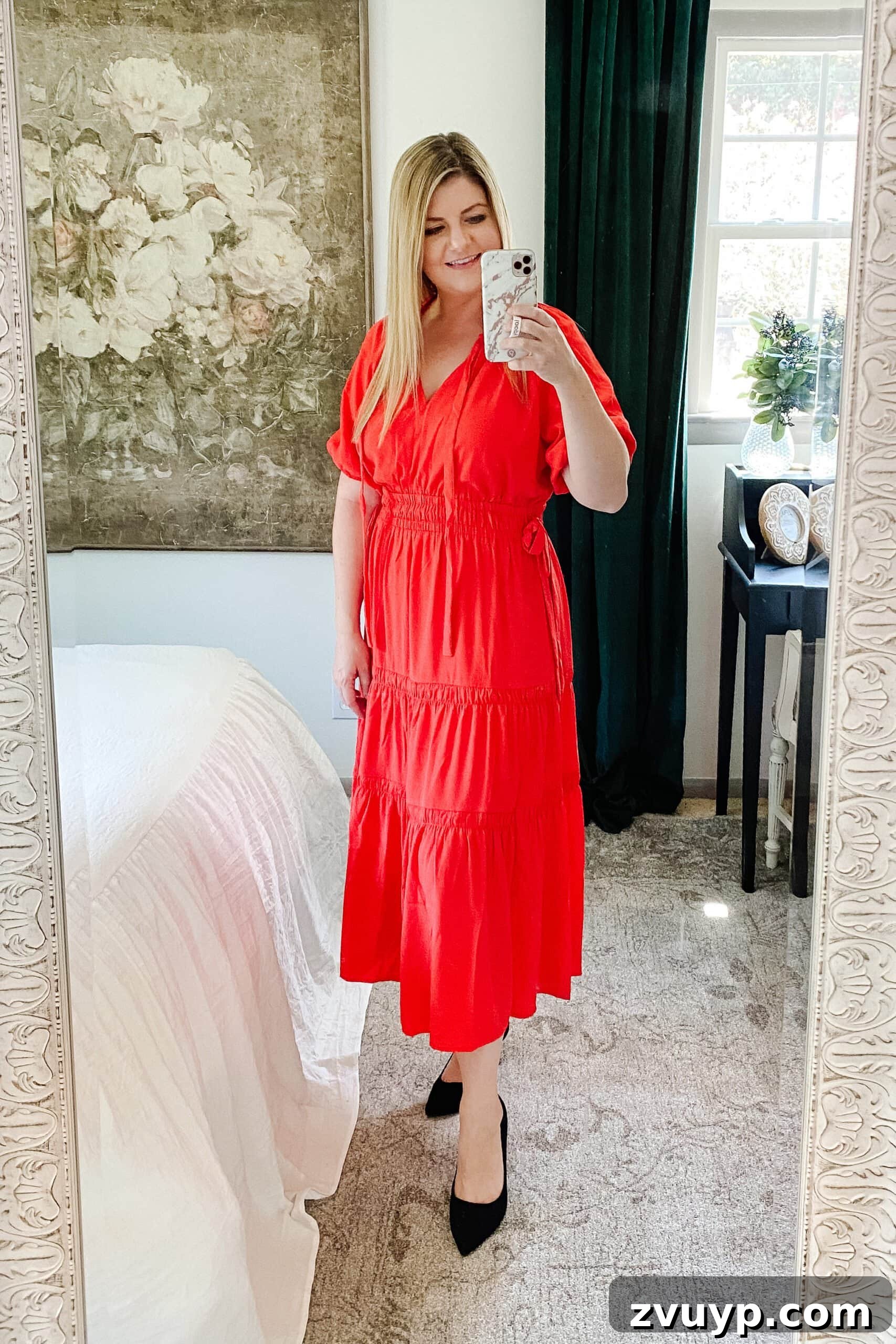 Unlock a Slimmer You: 6 Fall Outfits for Effortless Style 7 Slimming fall outfit idea: red waist defining dress and pointed toe heels