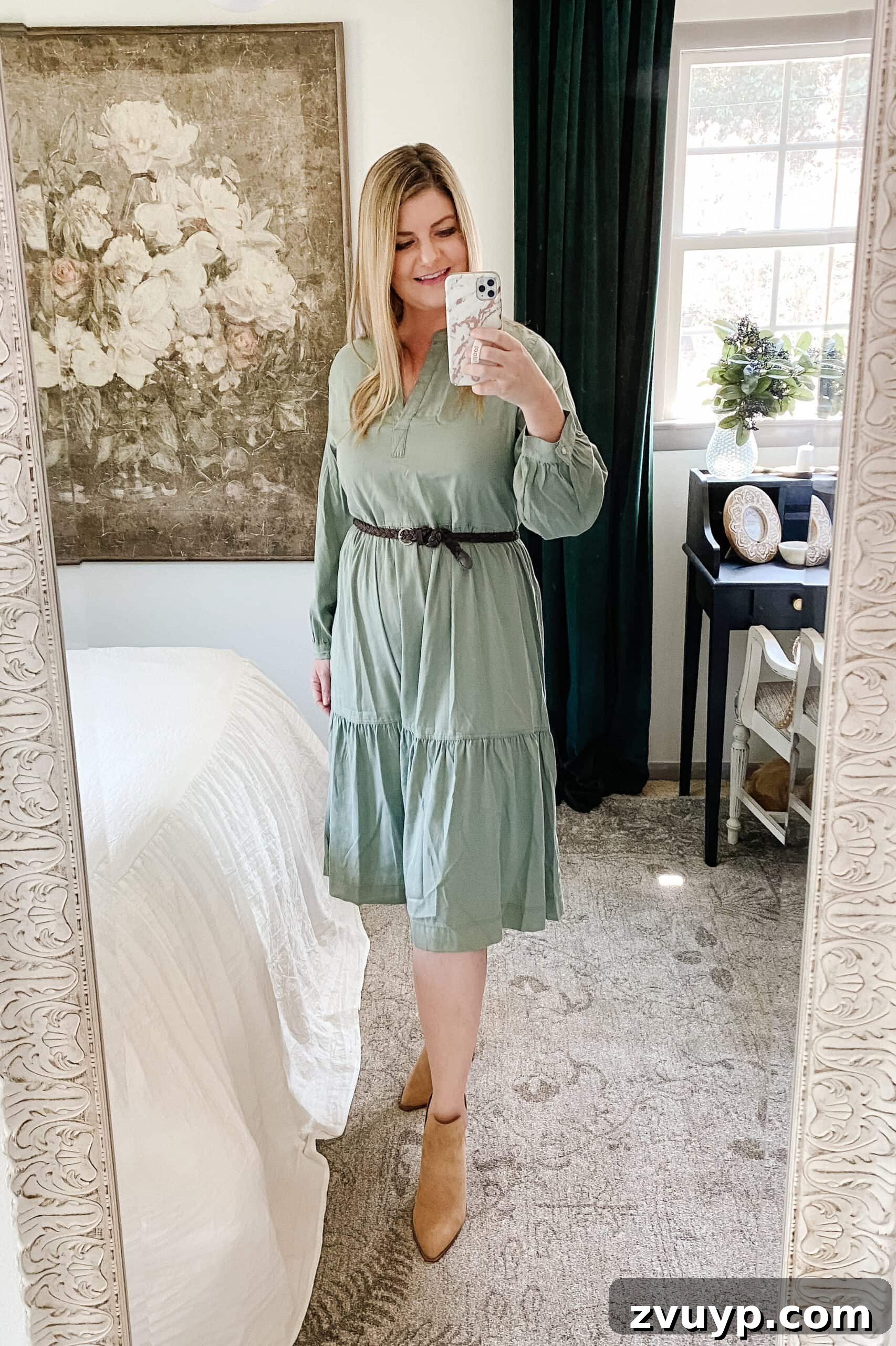 Unlock a Slimmer You: 6 Fall Outfits for Effortless Style 6 Slimming fall outfit idea: v-neck dress, skinny belt, and skin tone colored pointed boots