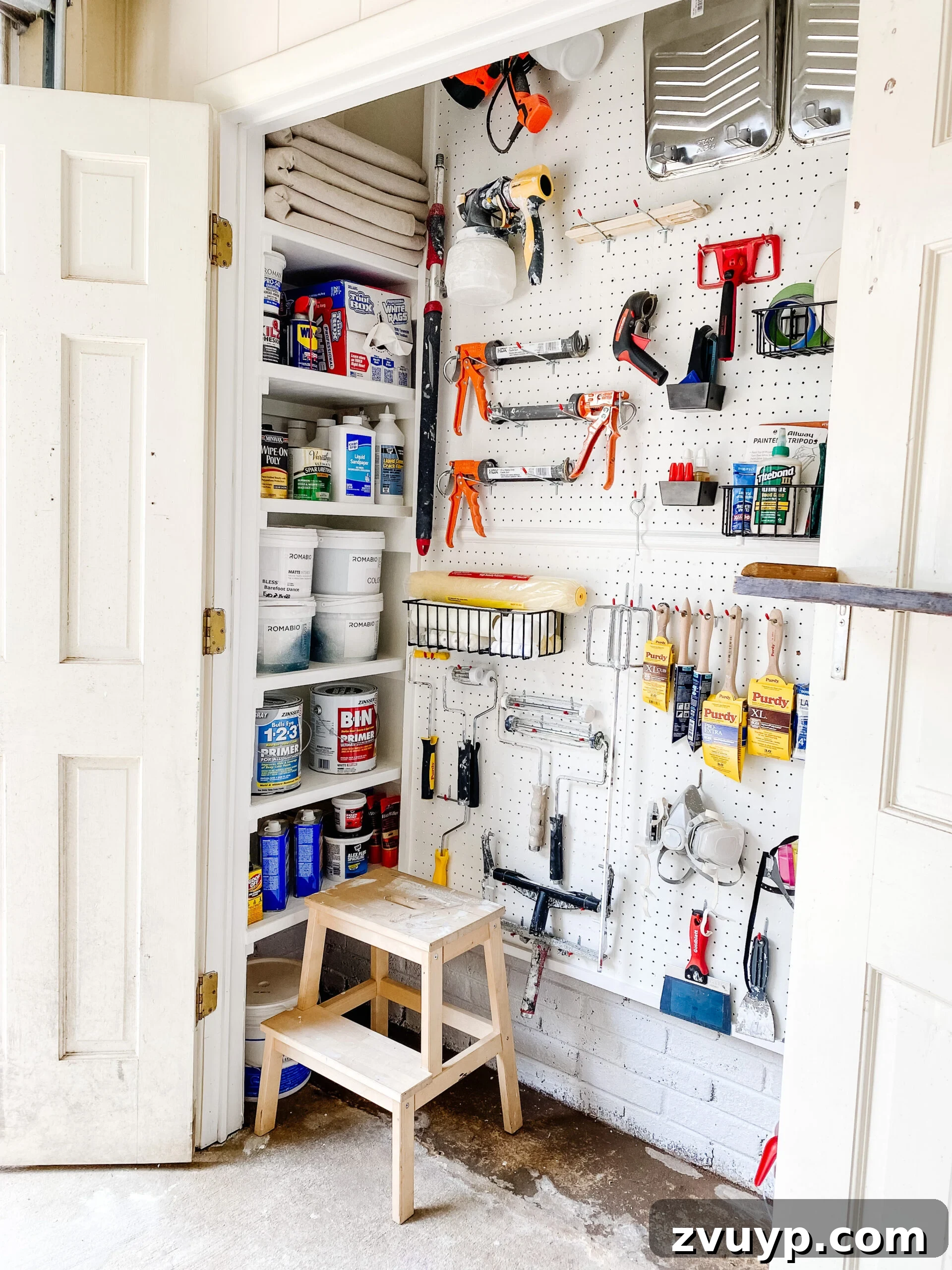 Clever Paint Storage Closet Solutions 5 DIY shelves for paint storage and organized paint supplies with pegboard hooks