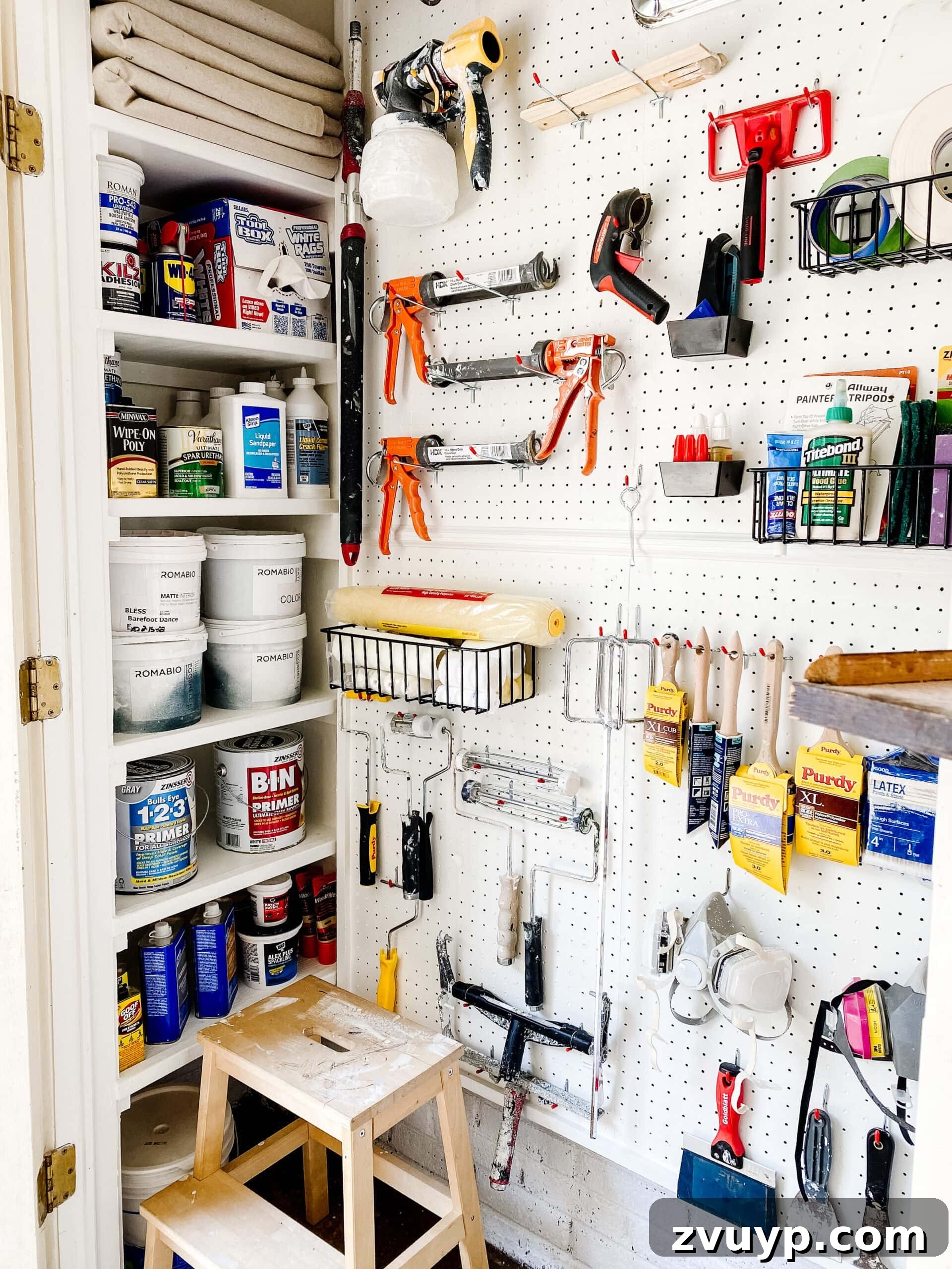 Clever Paint Storage Closet Solutions 7 organizing paint supplies with DIY shelves and pegboard hooks and baskets