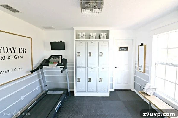 Transform Your Space: Home Gym Ideas for Basements, Garages, and Sheds 14 Home gym featuring repurposed vintage lockers and a treadmill
