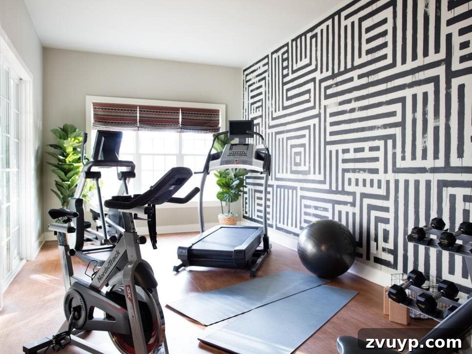 Transform Your Space: Home Gym Ideas for Basements, Garages, and Sheds 5 Workout room featuring a striking patterned focal wall