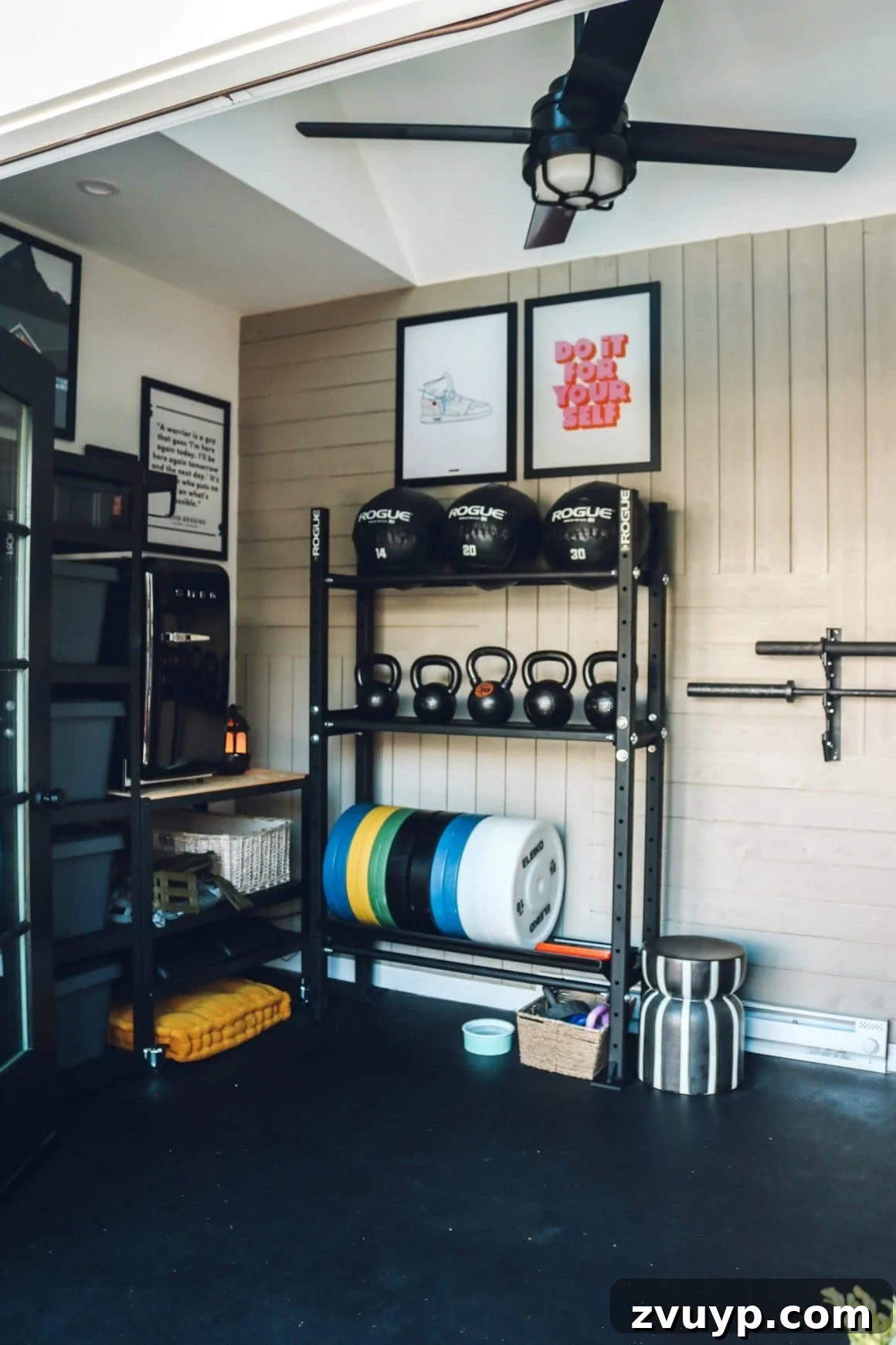 Transform Your Space: Home Gym Ideas for Basements, Garages, and Sheds 6 Home gym with motivational wall quotes and industrial shelving for equipment