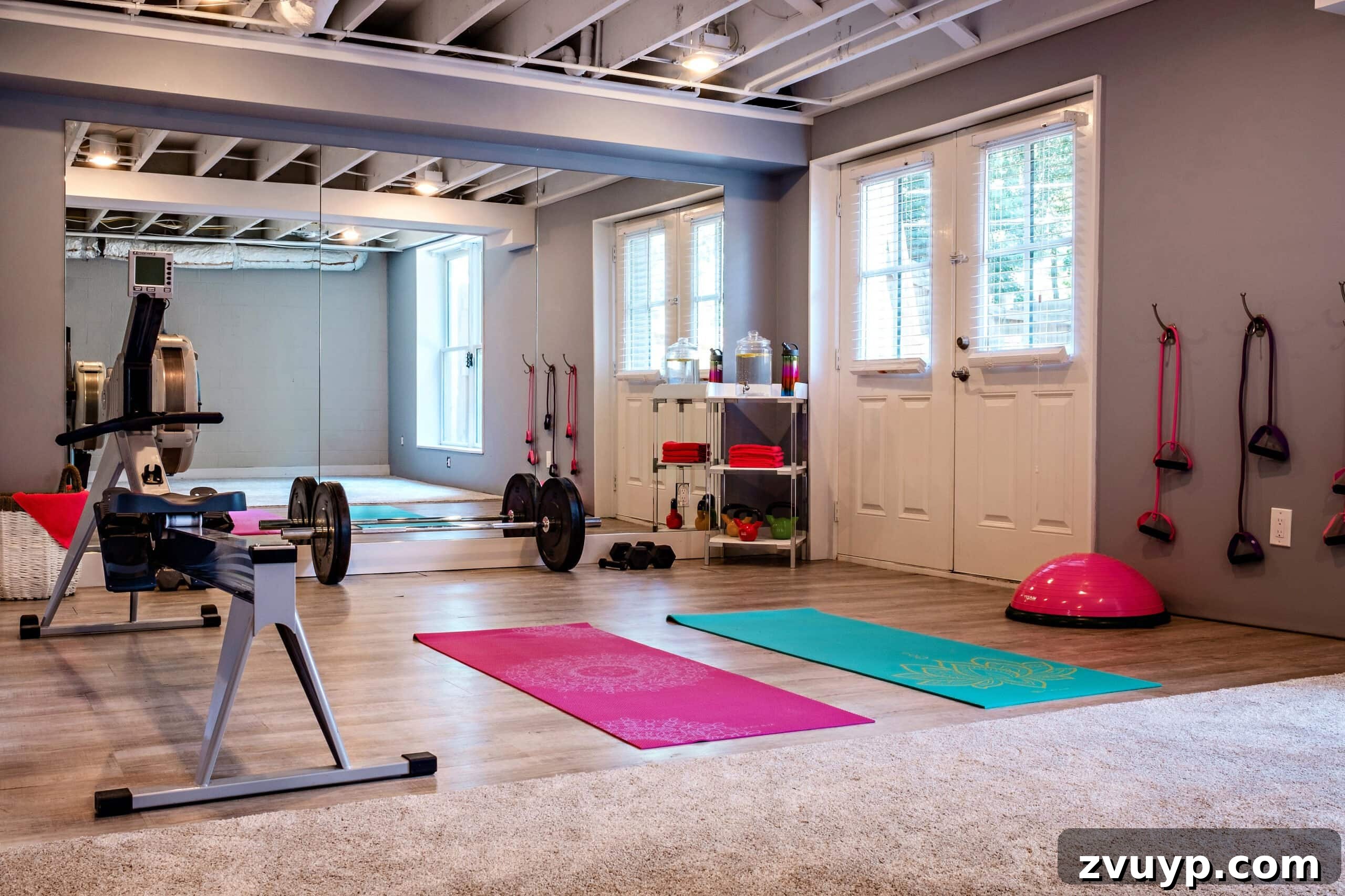 Transform Your Space: Home Gym Ideas for Basements, Garages, and Sheds 7 Home gym featuring an exposed ceiling, large wall-mounted mirrors, and exercise equipment