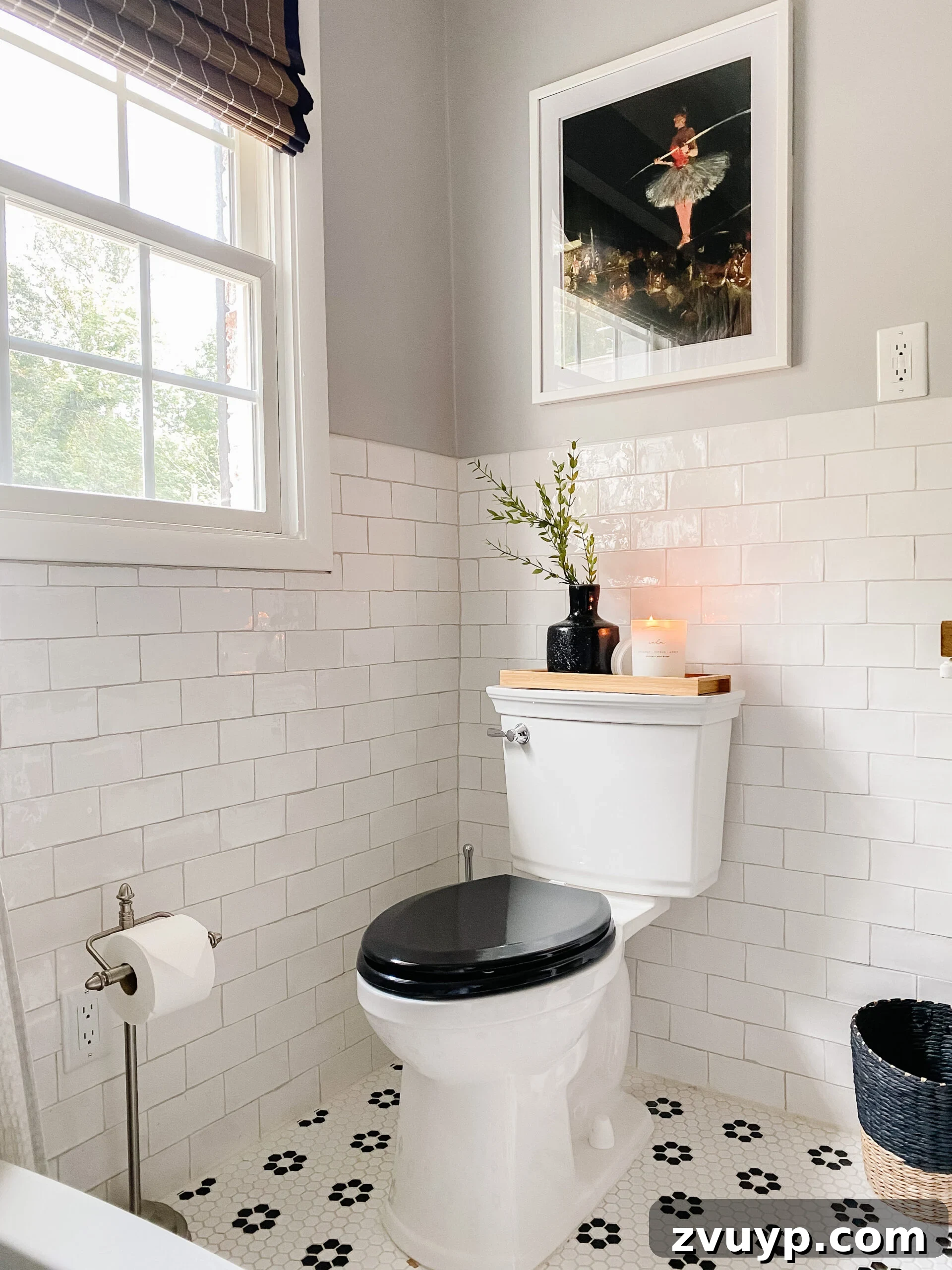 High-Contrast Haven: Black and White Bathroom Updates 11 retro bathroom with black and white tile and black toilet seat