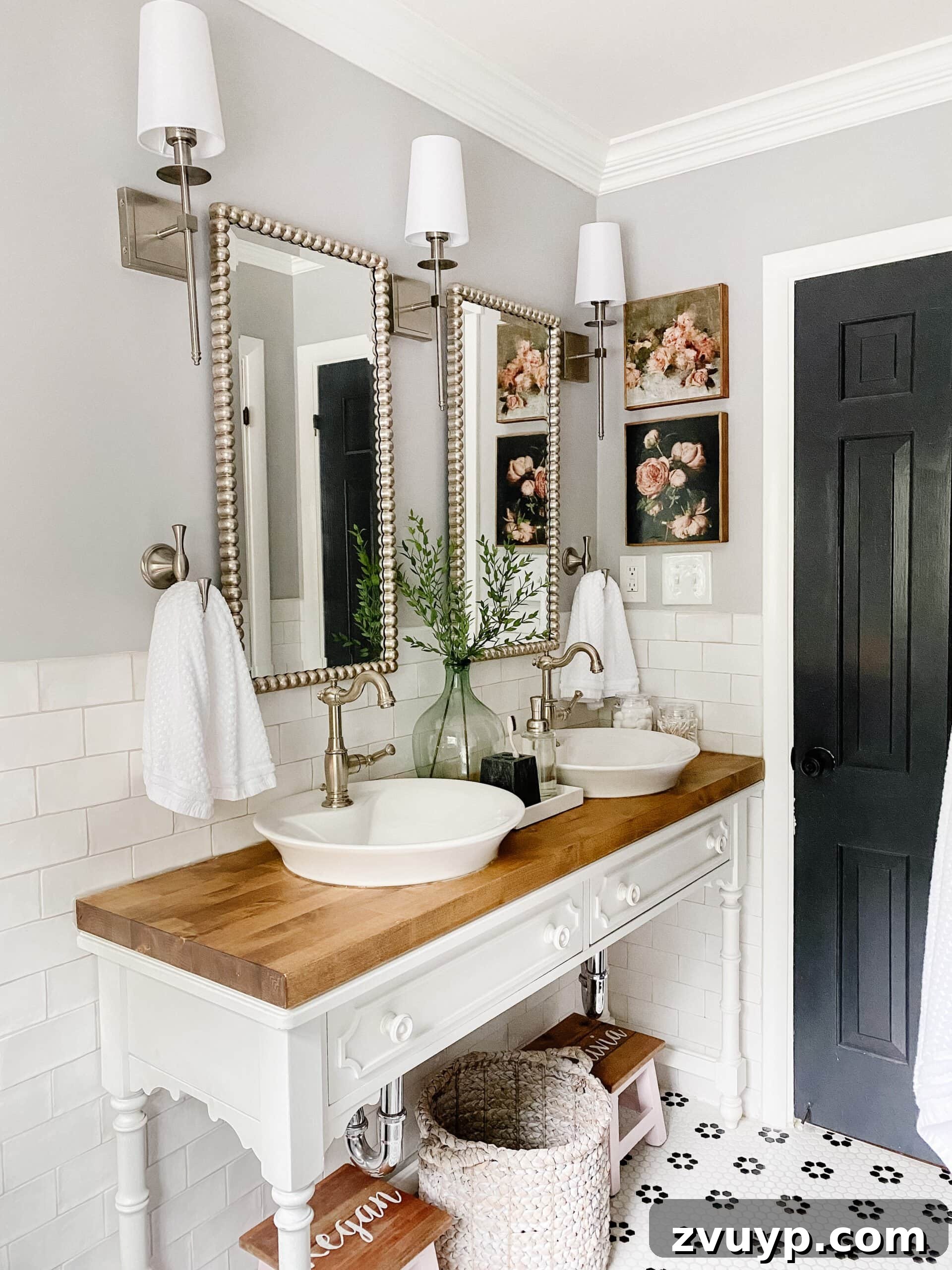 High-Contrast Haven: Black and White Bathroom Updates 6 black and white bathroom decor with console table vanity